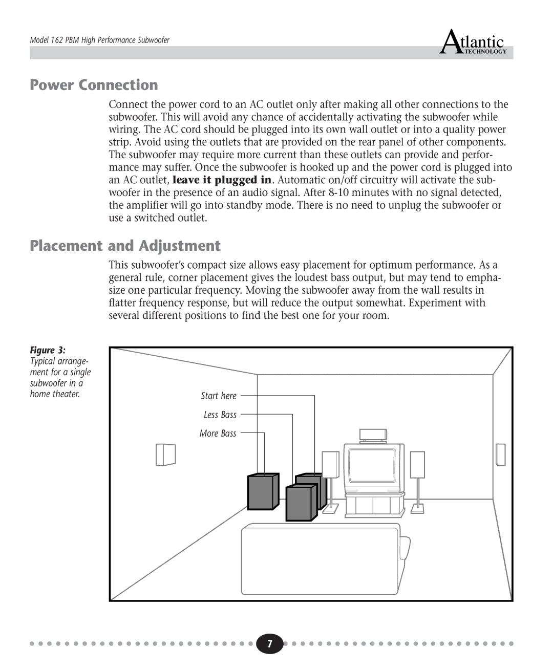 Atlantic Technology 162 PBM instruction manual Power Connection, Placement and Adjustment 