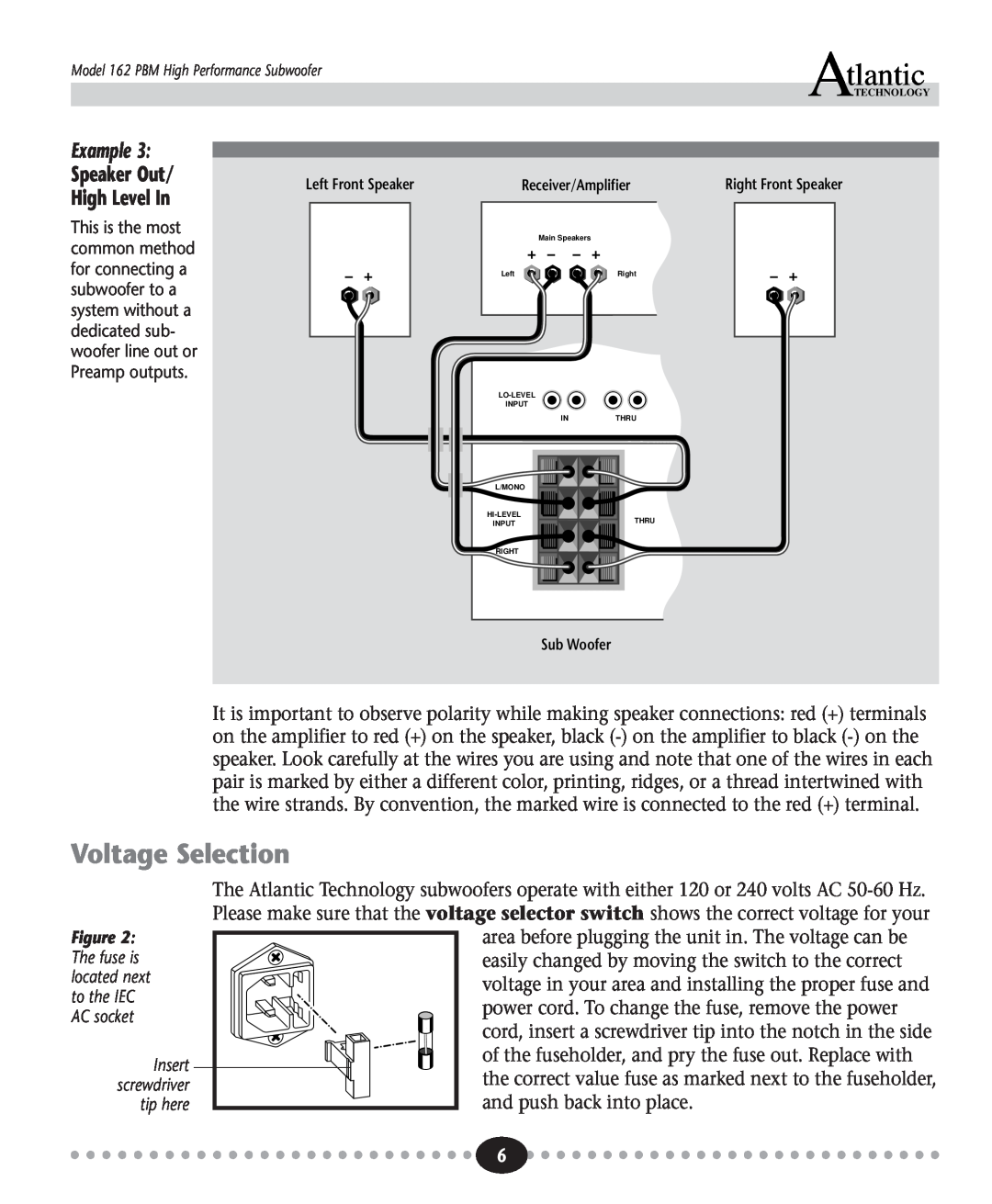 Atlantic Technology 162 PBM instruction manual Voltage Selection, Speaker Out, High Level In, tlantic, Example 