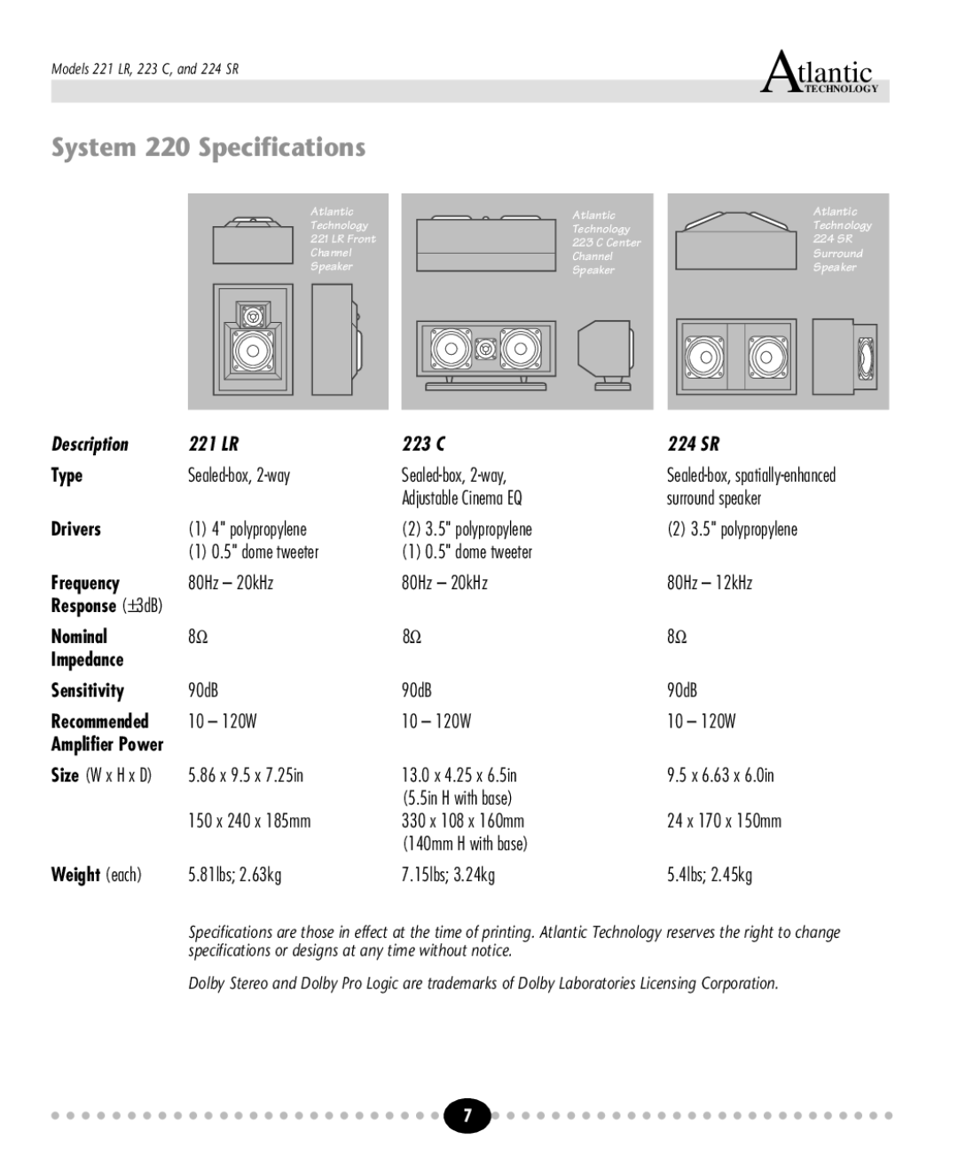 Atlantic Technology instruction manual System 220 Specifications, Description 221 LR 223 C 224 SR 