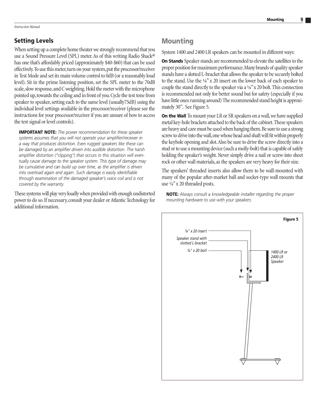 Atlantic Technology 1400, 2400 instruction manual Mounting, Setting Levels 