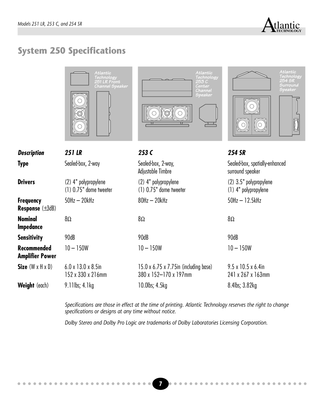 Atlantic Technology instruction manual System 250 Specifications, Description 251 LR 253 C 254 SR 