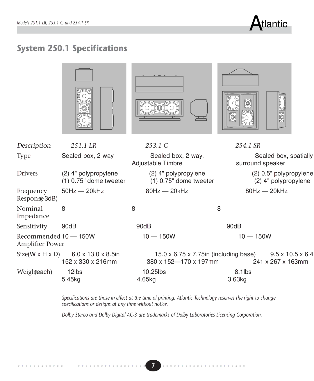 Atlantic Technology instruction manual System 250.1 Specifications, Description 251.1 LR 253.1 C 254.1 SR 