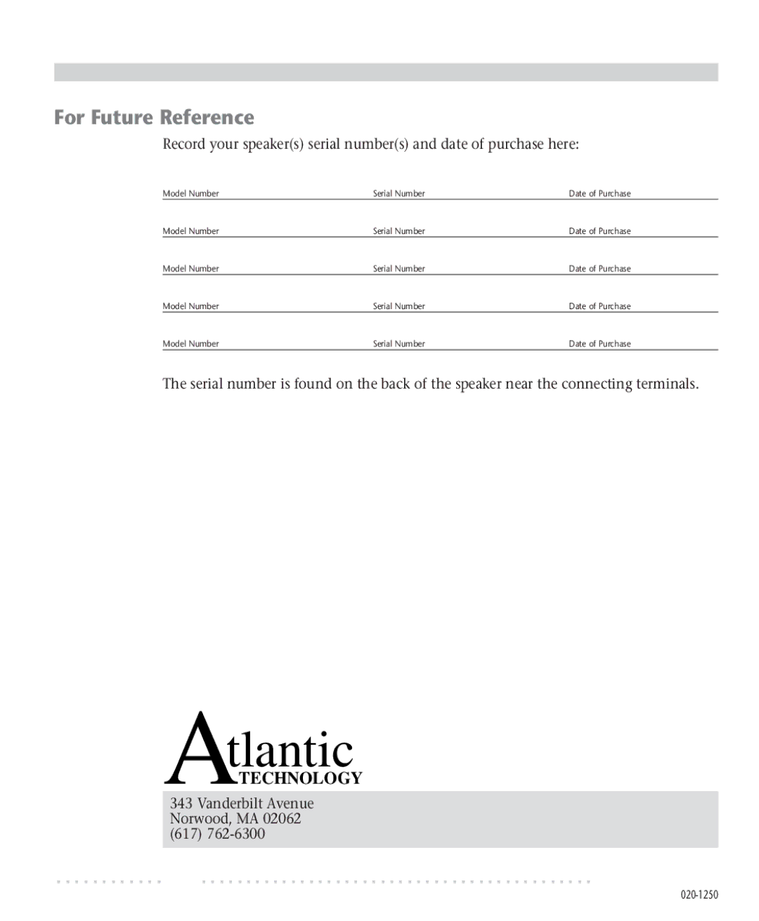 Atlantic Technology 251.1 LR, 254.1 SR, 253.1 C instruction manual For Future Reference 