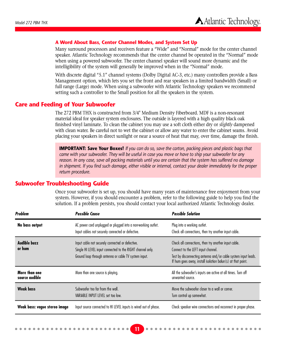 Atlantic Technology 272 PBM THX instruction manual Care and Feeding of Your Subwoofer, Subwoofer Troubleshooting Guide 