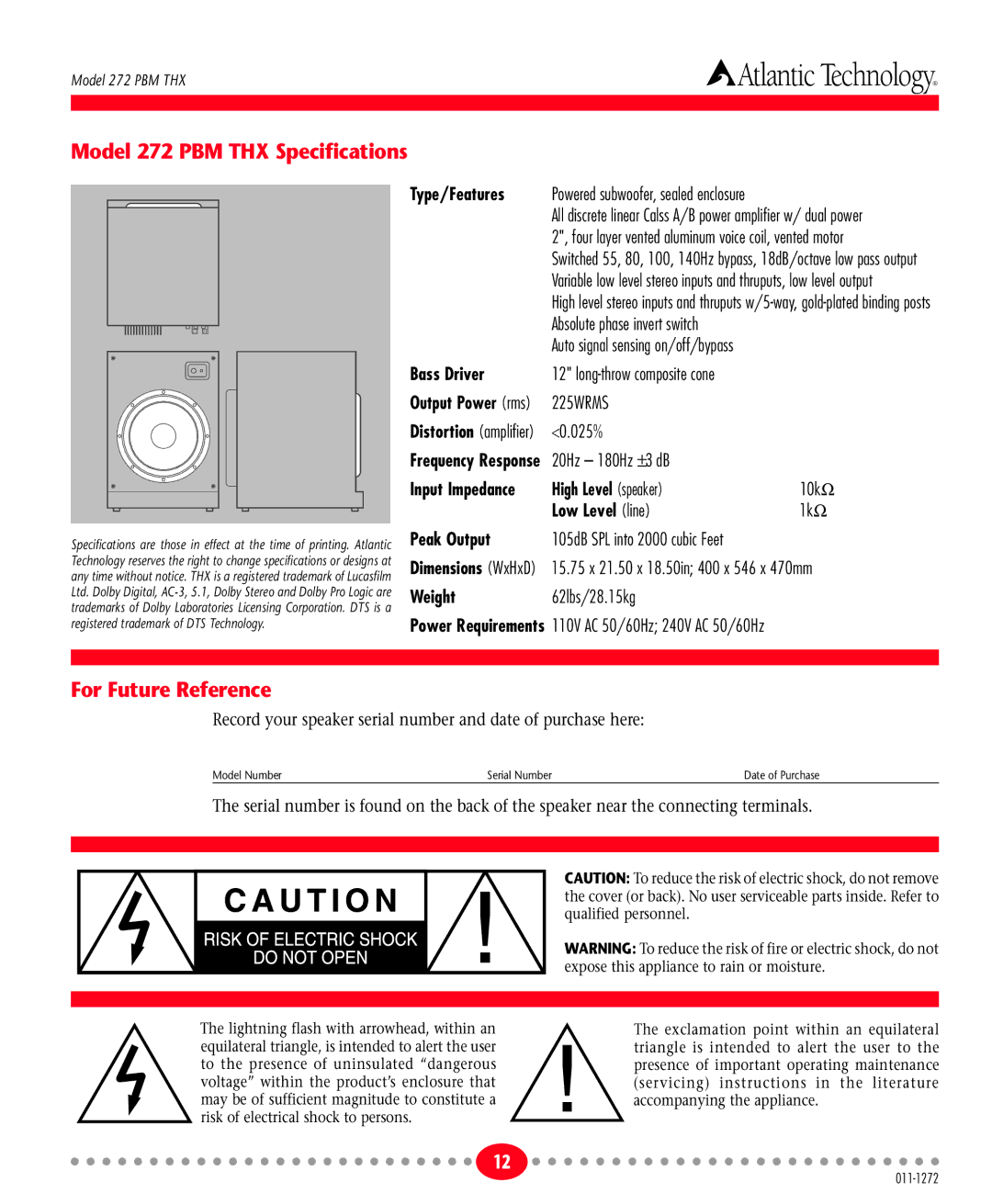 Atlantic Technology instruction manual Model 272 PBM THX Specifications, For Future Reference 