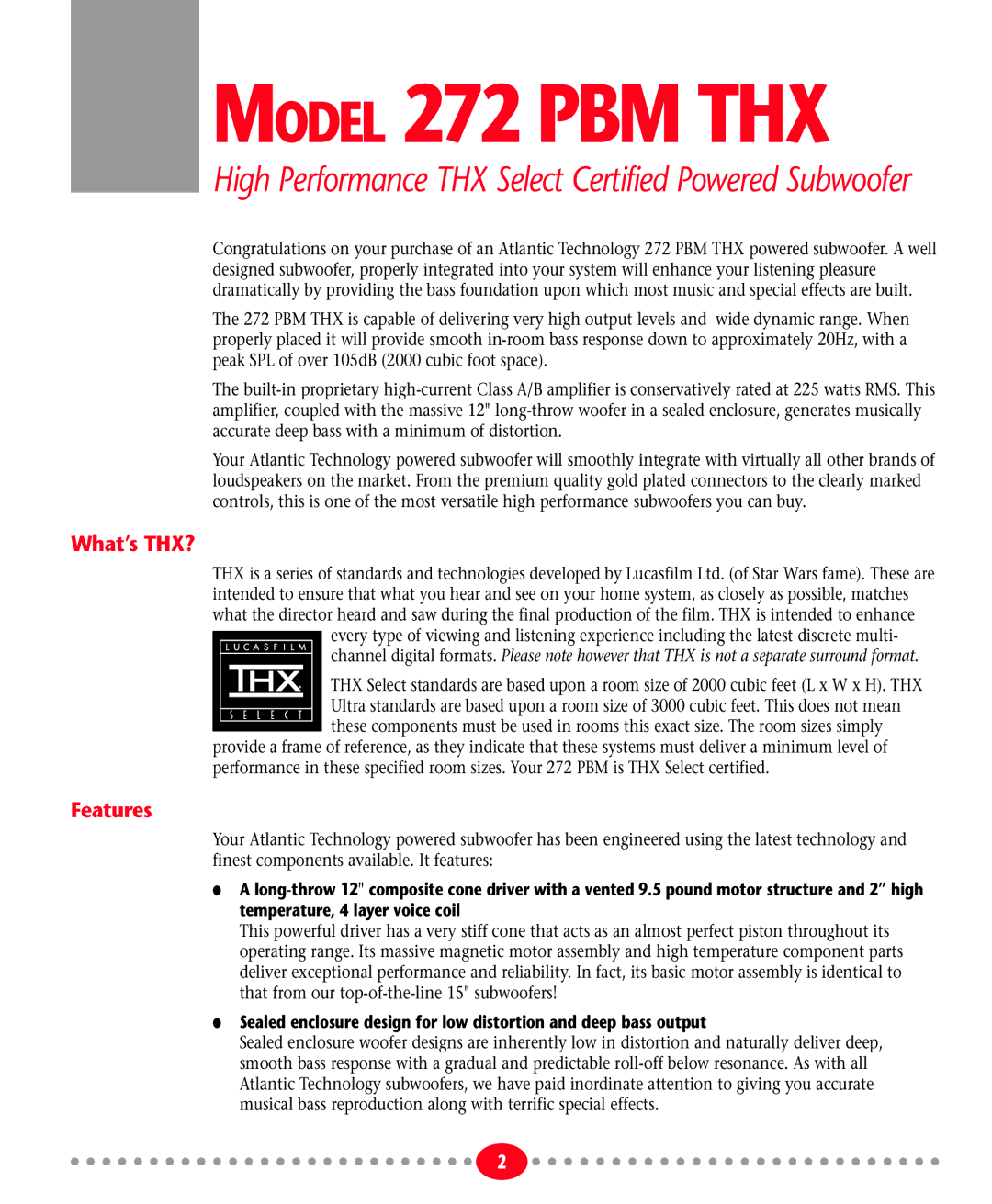 Atlantic Technology 272 PBM THX instruction manual What’s THX?, Features 