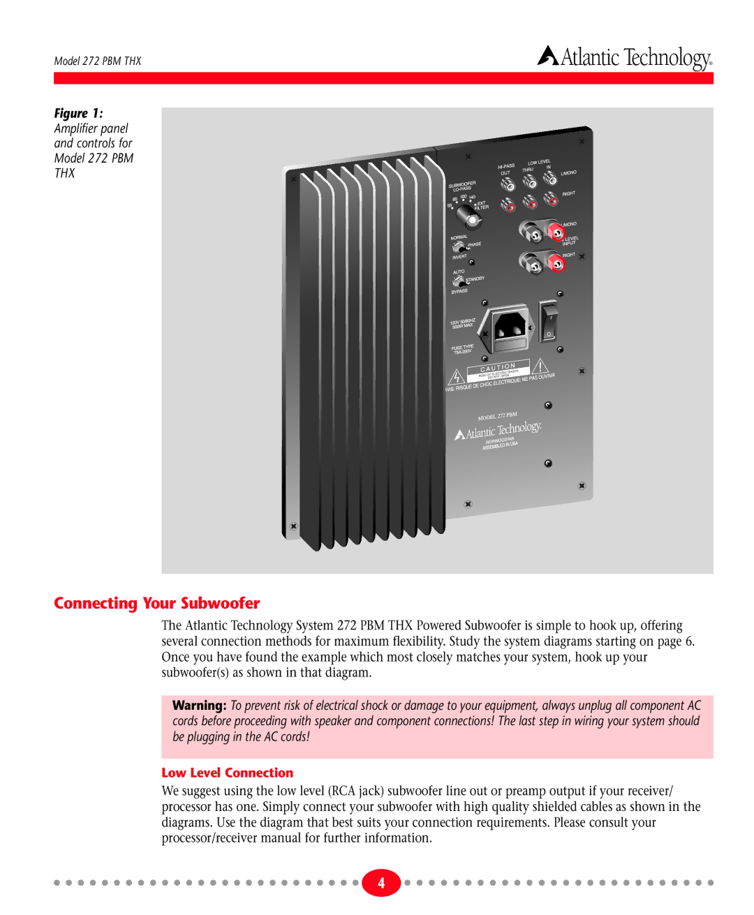 Atlantic Technology 272 PBM THX instruction manual Connecting Your Subwoofer, Low Level Connection 