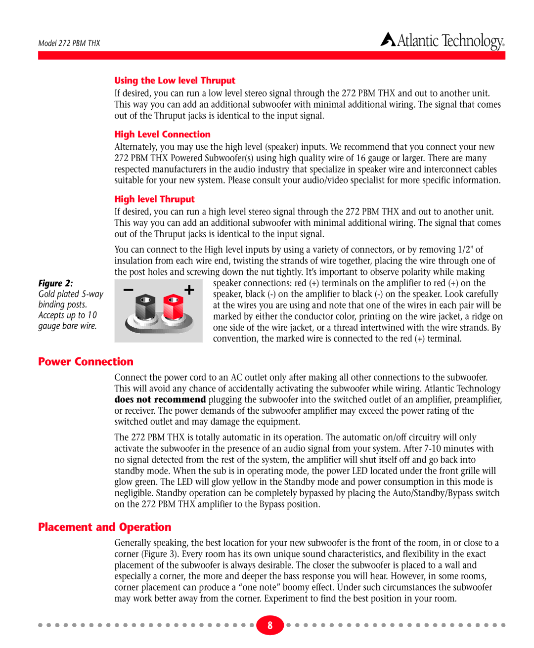 Atlantic Technology 272 PBM THX Power Connection, Placement and Operation, Using the Low level Thruput, High level Thruput 