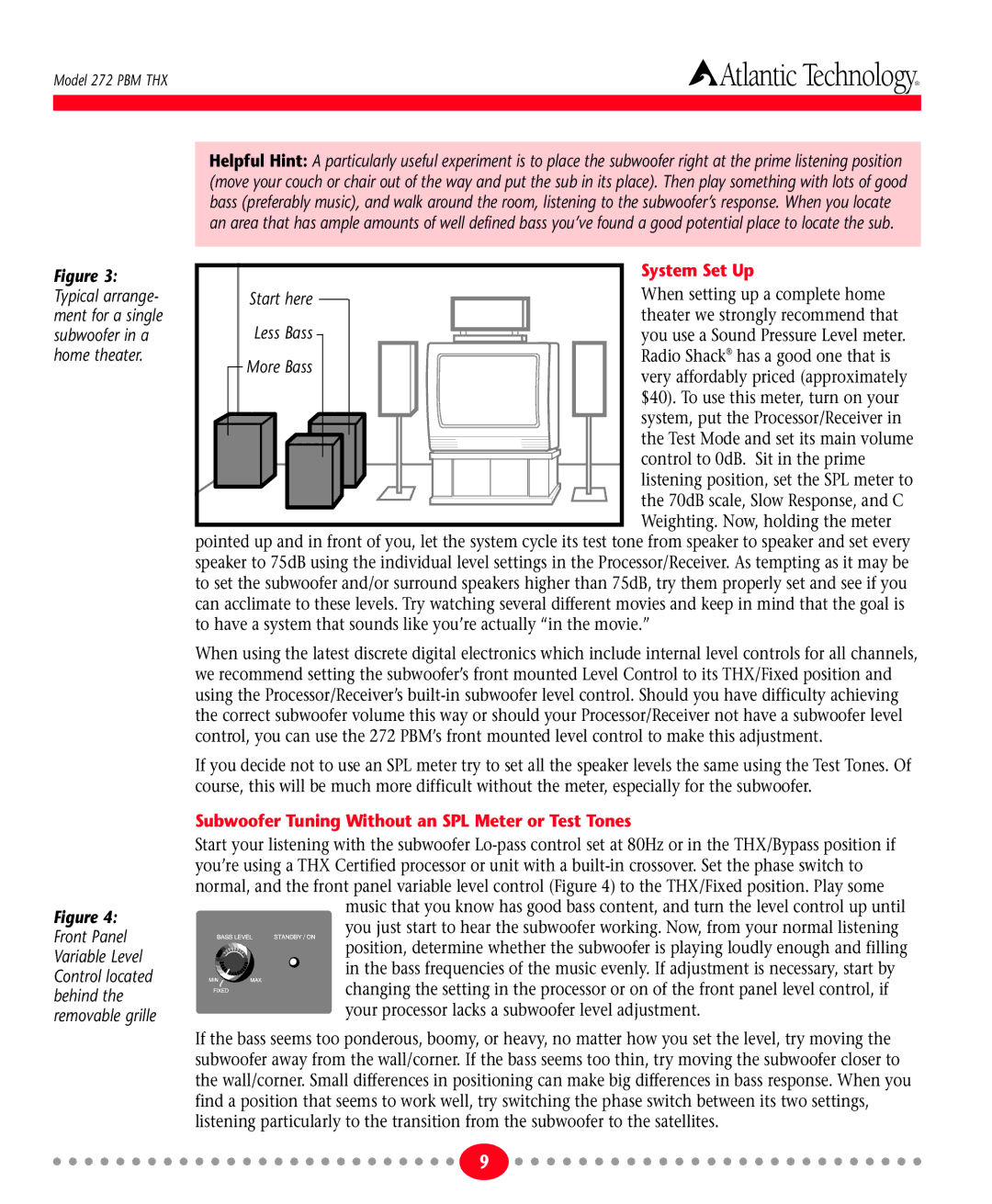 Atlantic Technology 272 PBM THX instruction manual System Set Up, Subwoofer Tuning Without an SPL Meter or Test Tones 