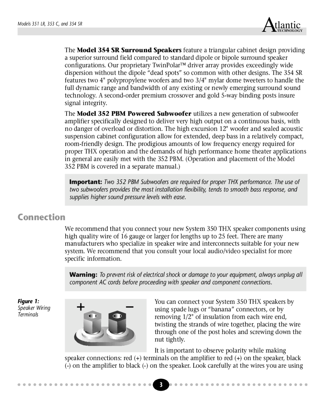 Atlantic Technology 350 THX instruction manual Tlantic, Connection 