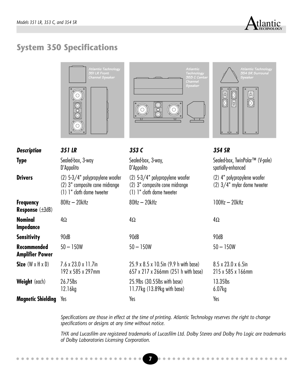 Atlantic Technology 350 THX instruction manual System 350 Specifications, Description 351 LR 353 C 354 SR 