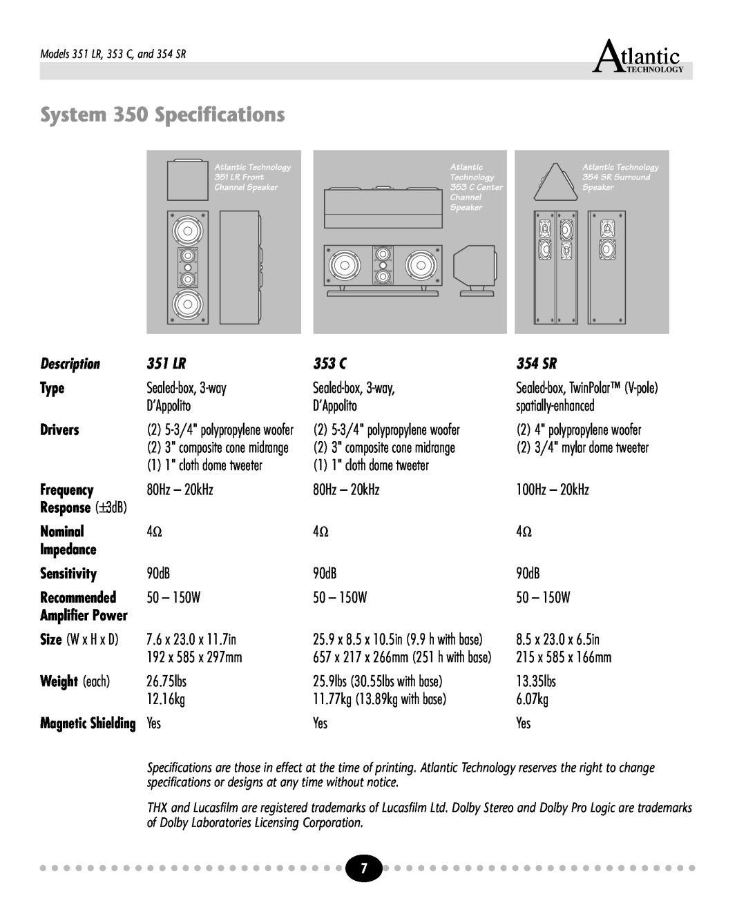 Atlantic Technology 350 THX System 350 Specifications, tlantic, Description, 351 LR, 353 C, 354 SR, Type, Drivers, Nominal 