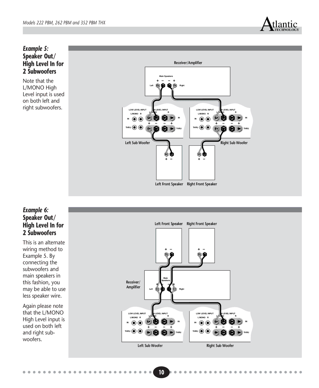Atlantic Technology 222 PBM, 352 PBM THX, 262 PBM instruction manual Speaker Out/ High Level In for 2 Subwoofers 