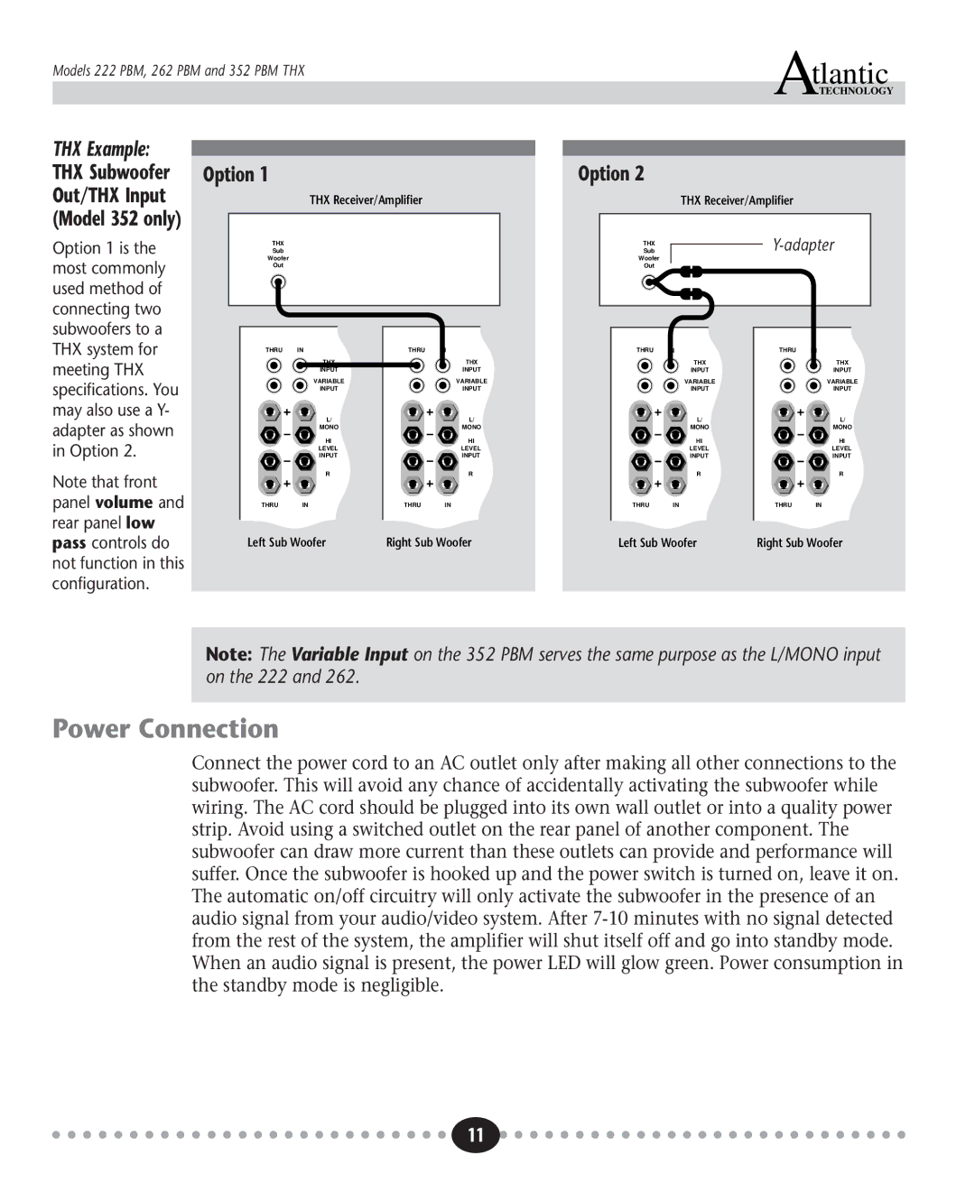 Atlantic Technology 262 PBM, 352 PBM THX, 222 PBM instruction manual Power Connection, Option Out/THX Input 