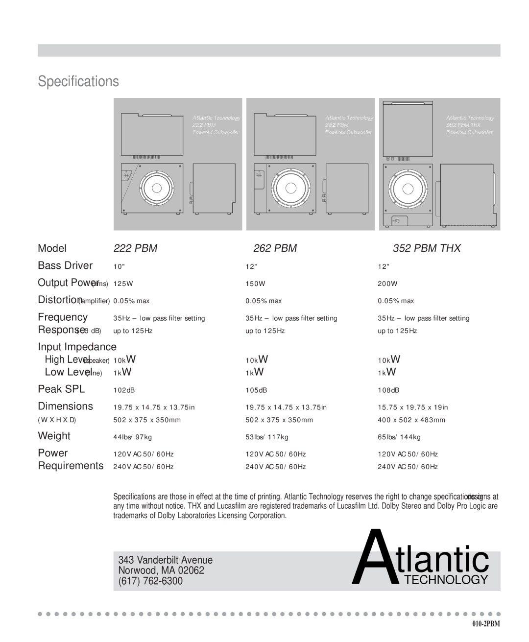 Atlantic Technology 222 PBM, 352 PBM THX, 262 PBM instruction manual Specifications 