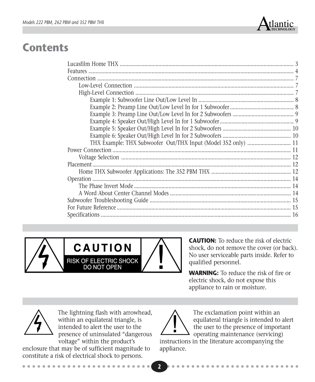 Atlantic Technology 262 PBM, 352 PBM THX, 222 PBM instruction manual Contents 