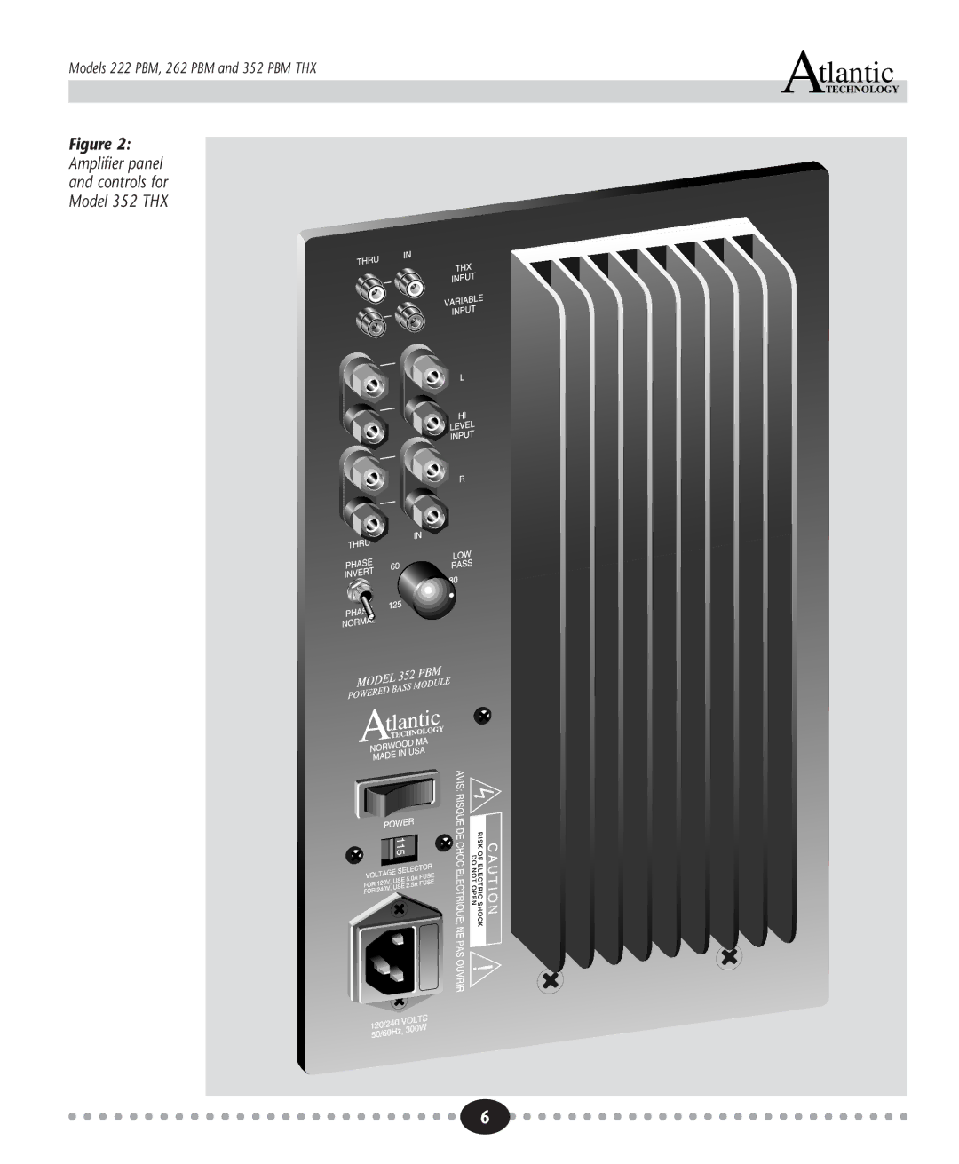 Atlantic Technology 352 PBM THX, 222 PBM, 262 PBM instruction manual Amplifier panel and controls for Model 352 THX 