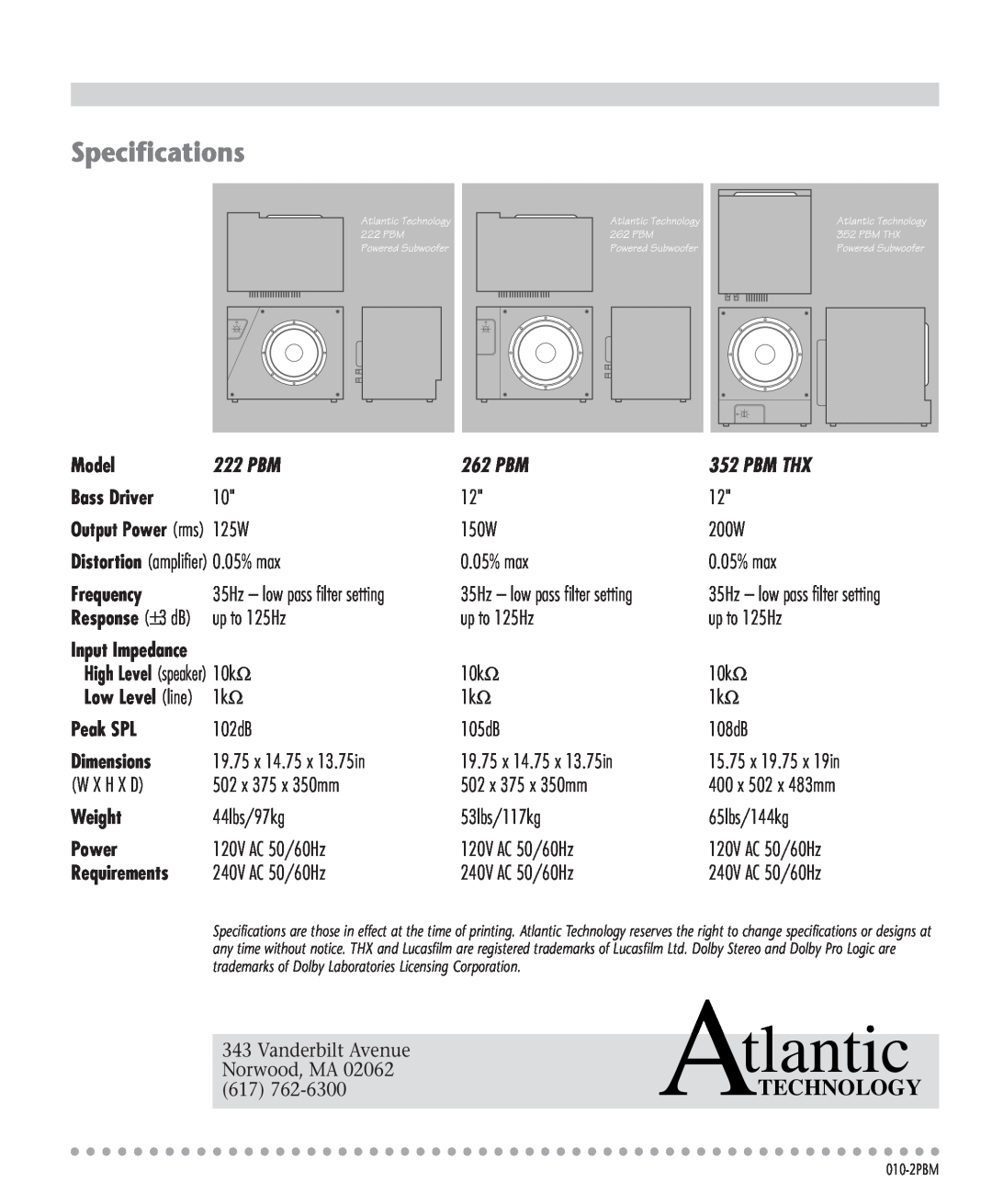 Atlantic Technology 222 PBM, 352 PBM THX instruction manual Specifications, 262 PBM, Pbm Thx, tlantic, Atechnology 
