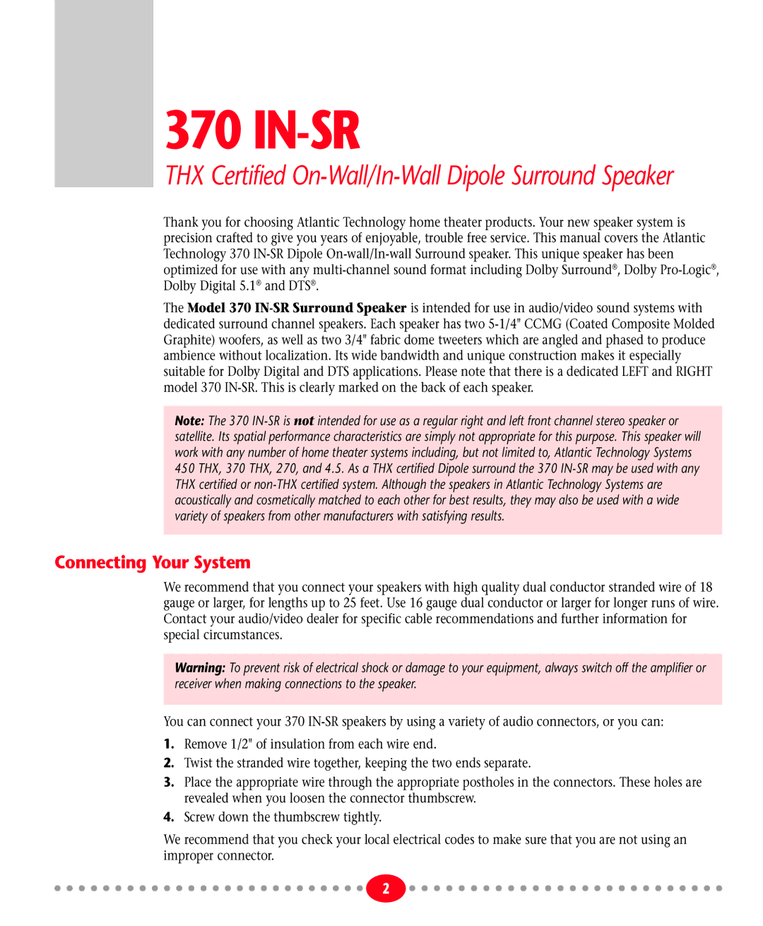 Atlantic Technology 370IN-SRTHX instruction manual In-Sr, Connecting Your System 