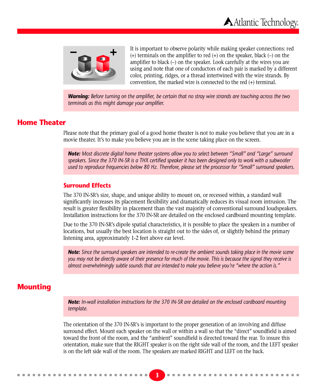 Atlantic Technology 370IN-SRTHX instruction manual Home Theater, Mounting 