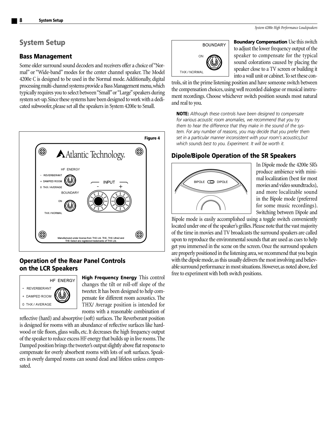 Atlantic Technology 4200e THX instruction manual System Setup, Bass Management, Dipole/Bipole Operation of the SR Speakers 