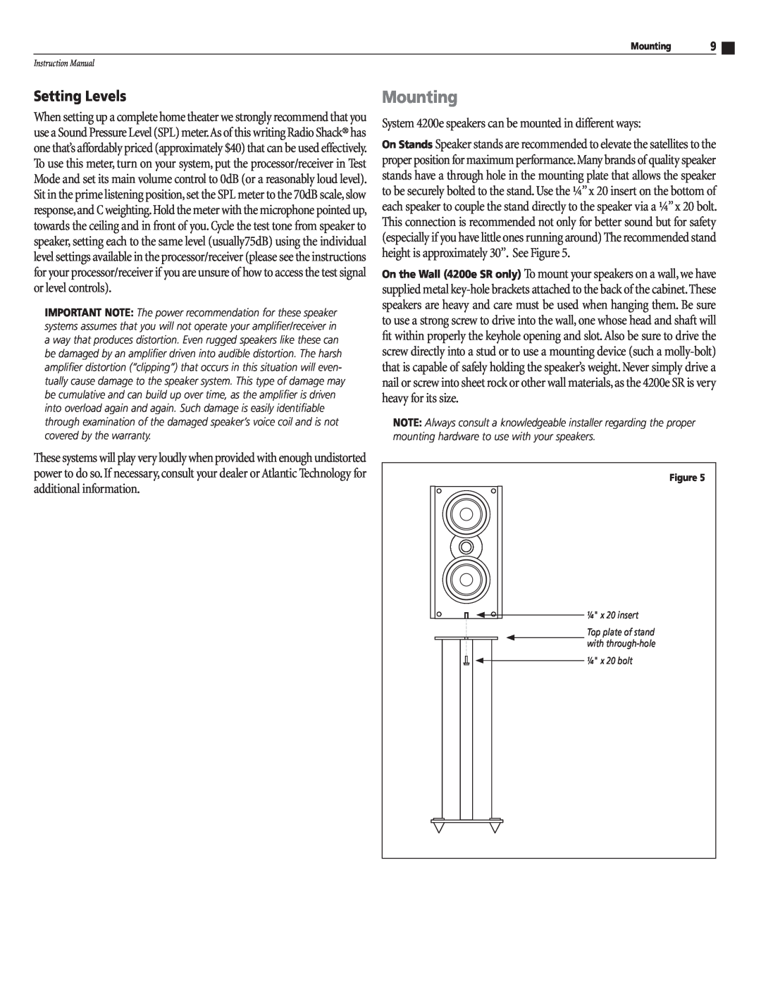 Atlantic Technology 4200e THX instruction manual Mounting, Setting Levels, ¼ x 20 insert, ¼ x 20 bolt 