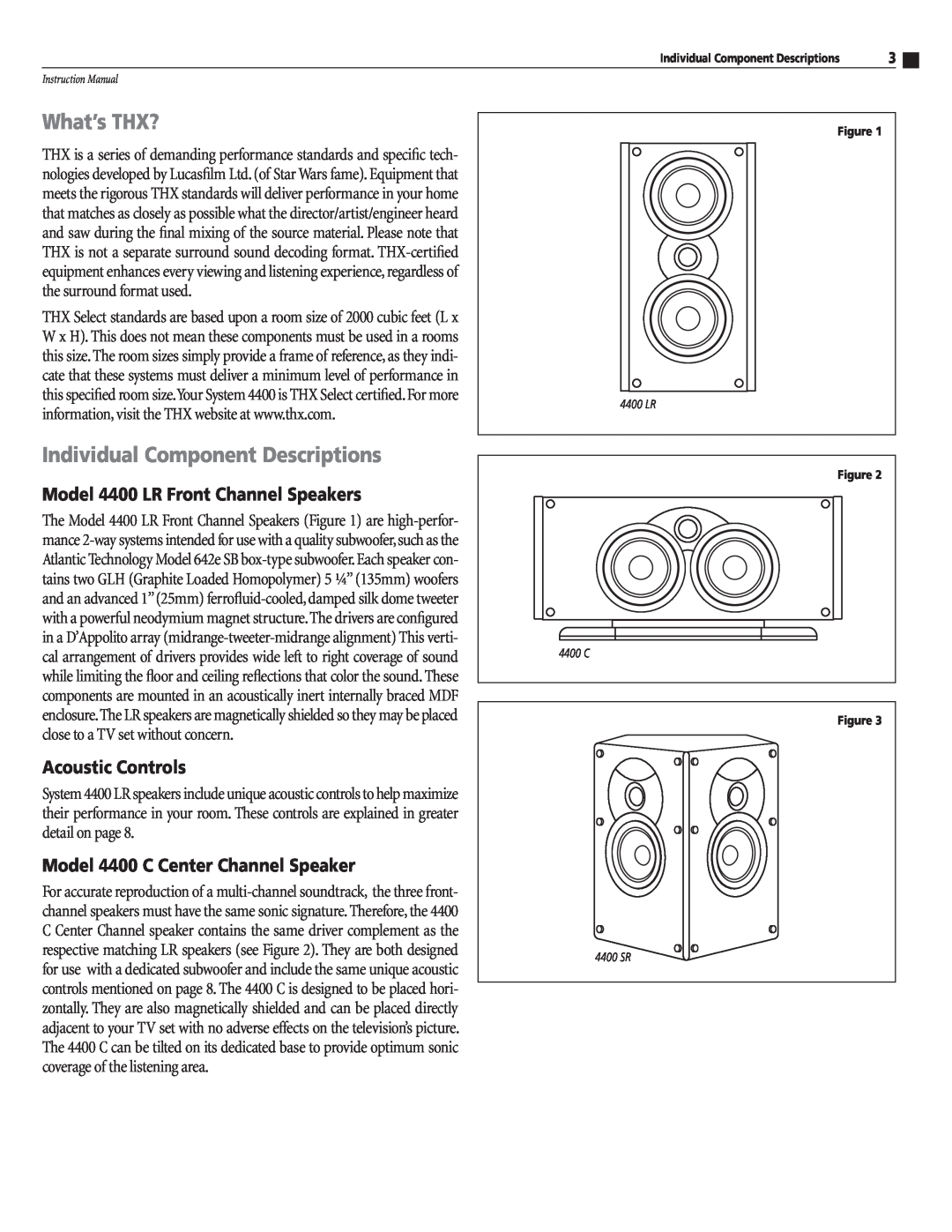Atlantic Technology 4400 C What’s THX?, Individual Component Descriptions, Model 4400 LR Front Channel Speakers 