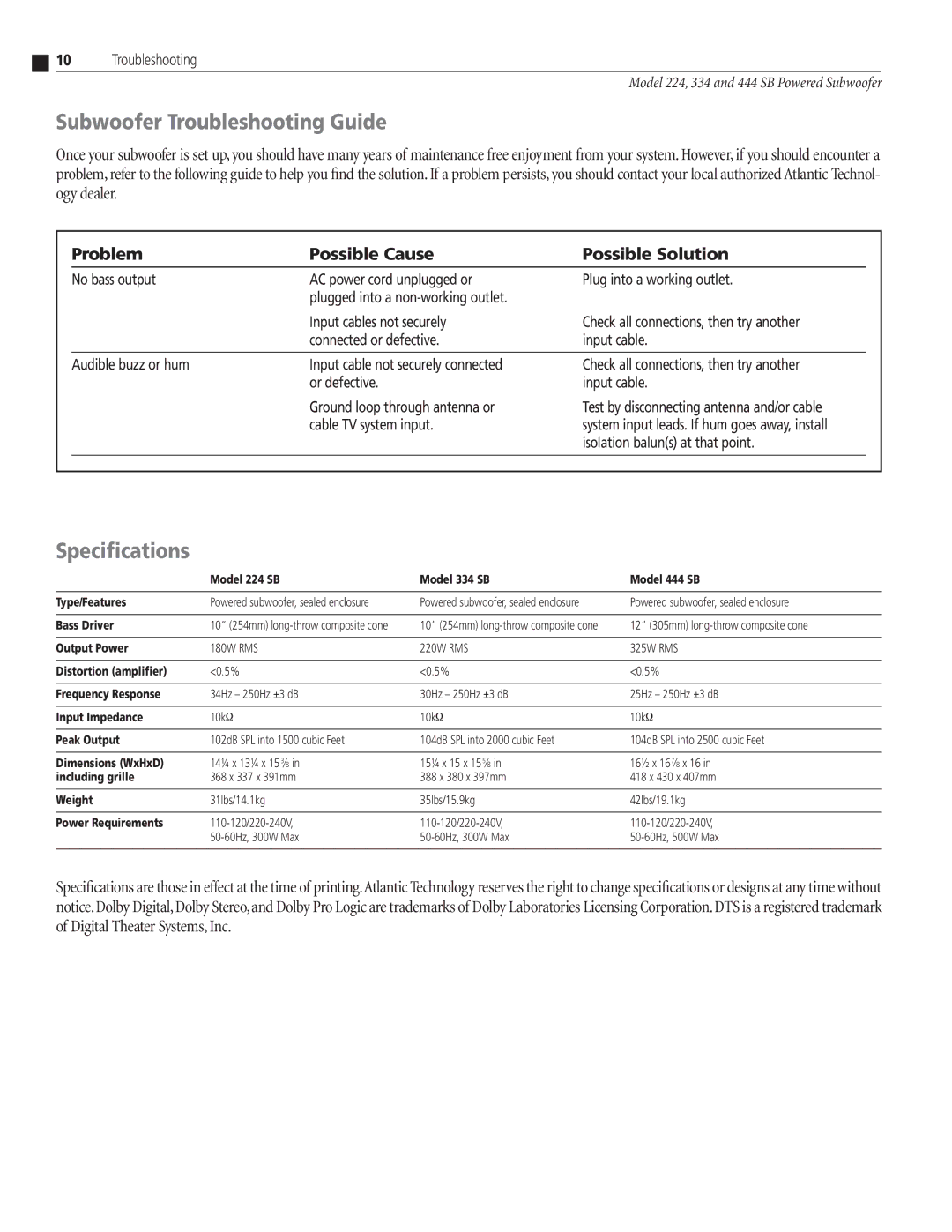 Atlantic Technology 334 SB, 444 SB, 224 SB instruction manual Subwoofer Troubleshooting Guide, Specifications 