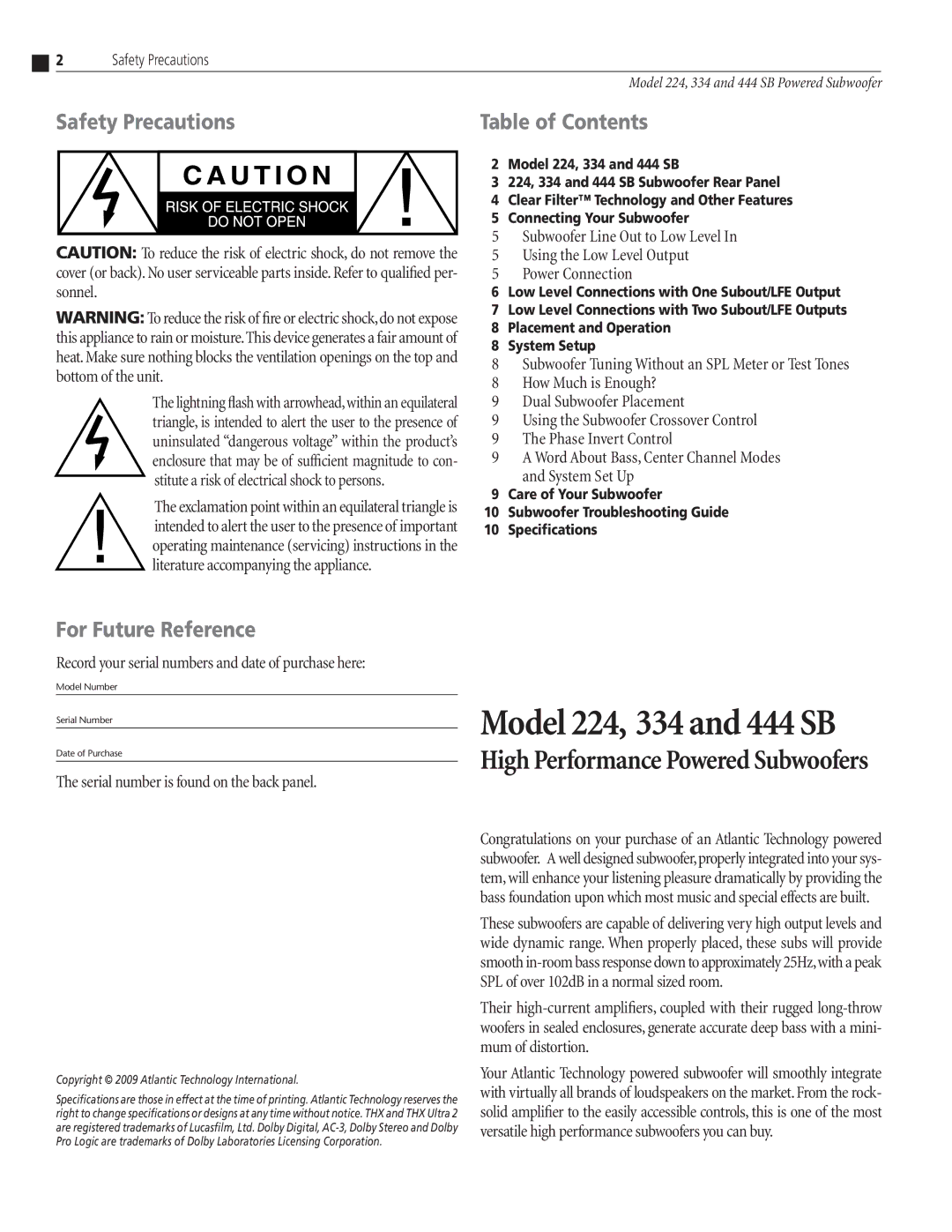 Atlantic Technology 224 SB, 444 SB, 334 SB instruction manual Safety Precautions, For Future Reference 