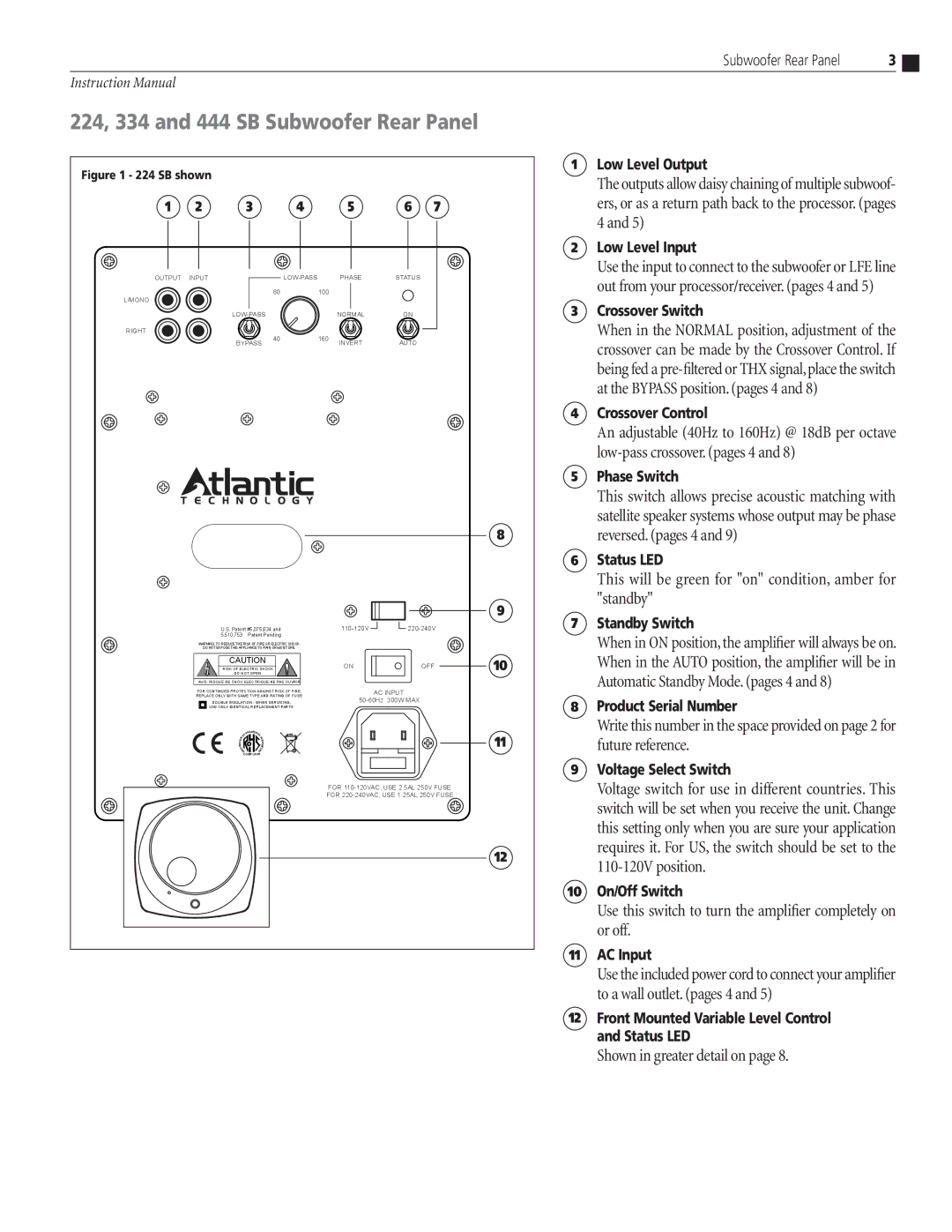 Atlantic Technology 334 SB, 224 SB instruction manual 224, 334 and 444 SB Subwoofer Rear Panel, Off 