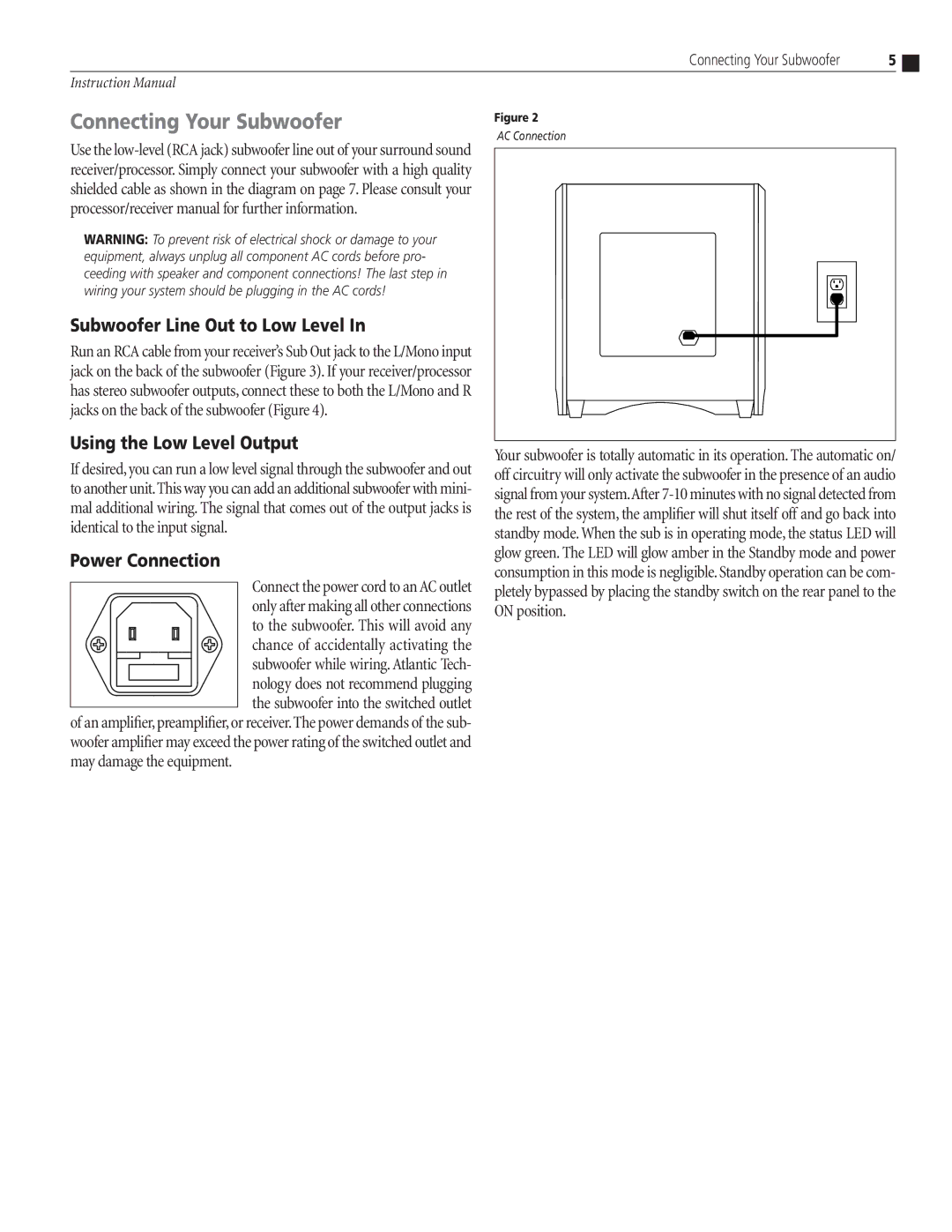 Atlantic Technology 224 SB, 444 SB, 334 SB Subwoofer Line Out to Low Level, Using the Low Level Output, Power Connection 