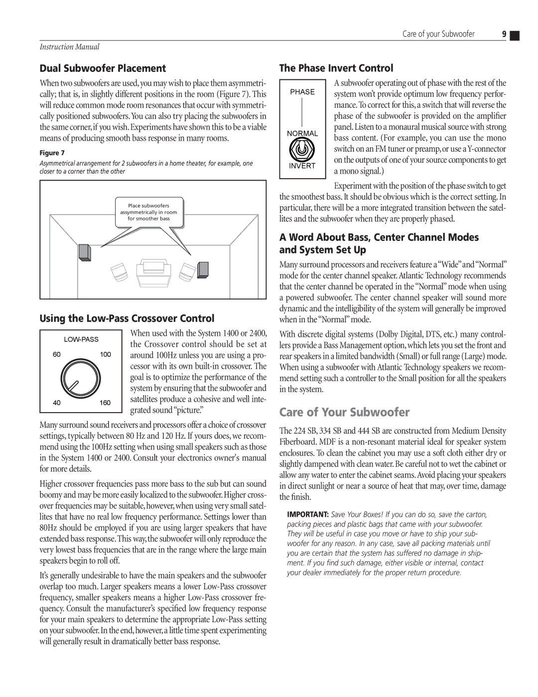 Atlantic Technology 444 SB, 334 SB Care of Your Subwoofer, Dual Subwoofer Placement, Using the Low-Pass Crossover Control 