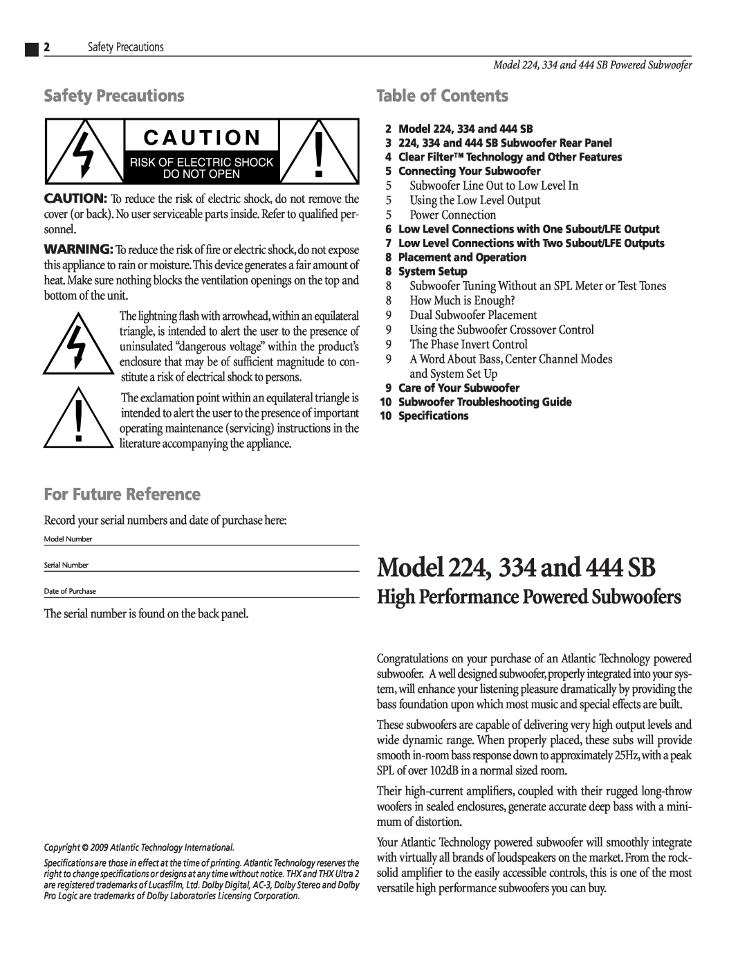Atlantic Technology 224 SB, 334 SB Safety Precautions, For Future Reference, Model 224, 334 and 444 SB, Table of Contents 