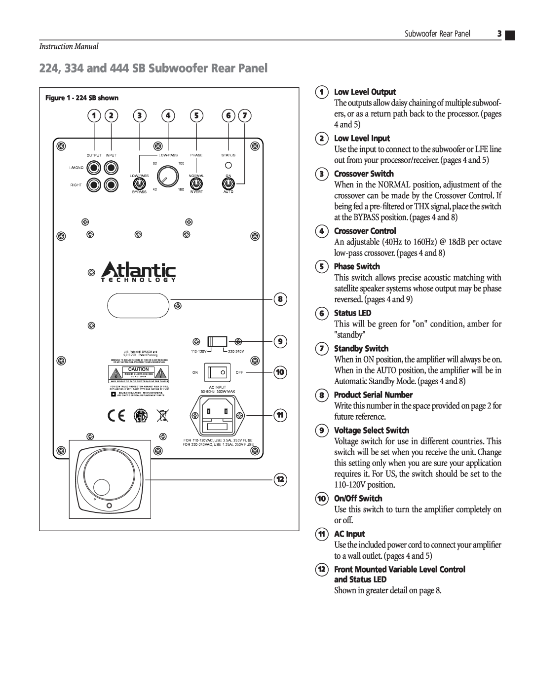 Atlantic Technology 334 SB, 224 SB 224, 334 and 444 SB Subwoofer Rear Panel, Shown in greater detail on page 