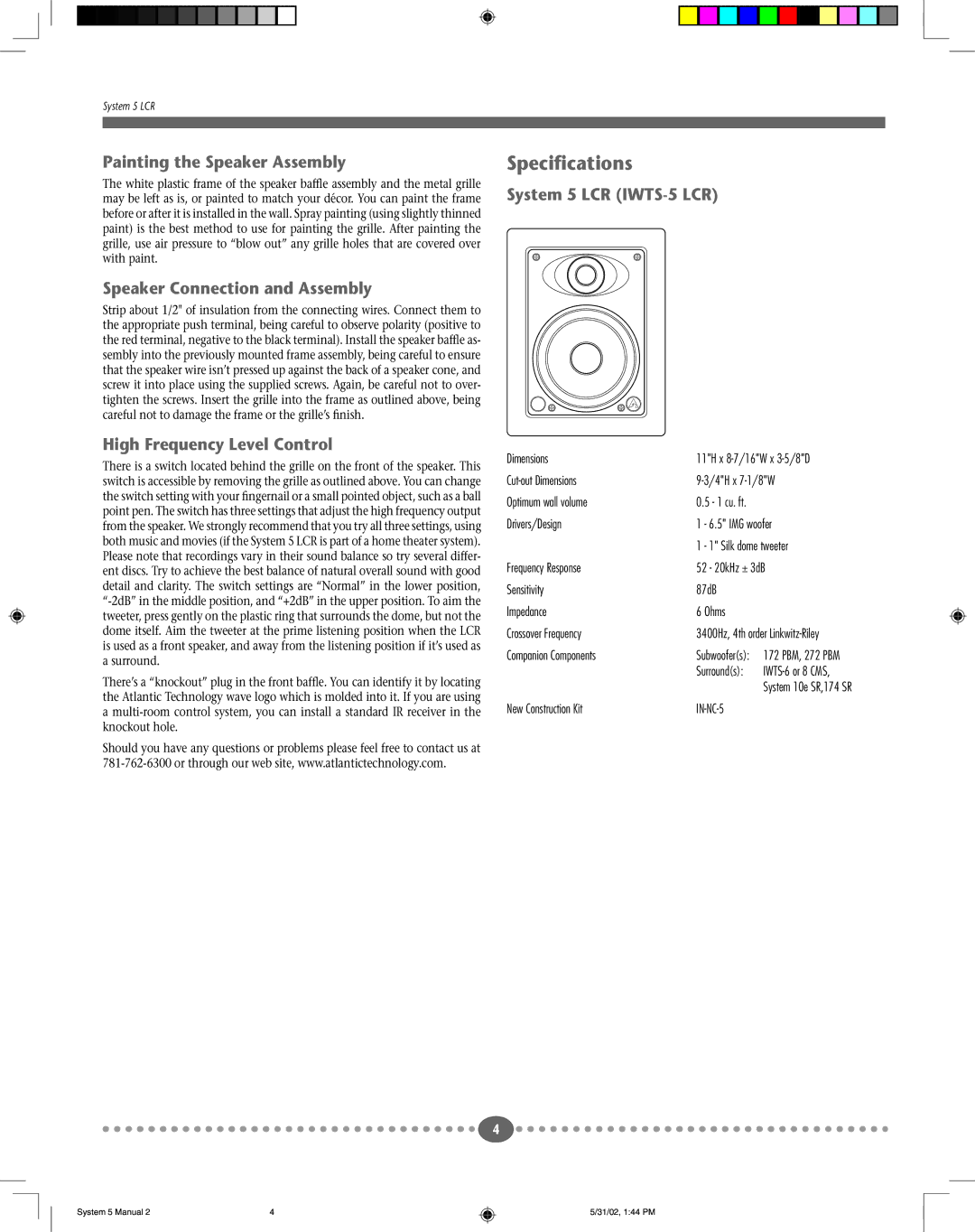 Atlantic Technology 5 LCR instruction manual Specifications, Painting the Speaker Assembly, Speaker Connection and Assembly 