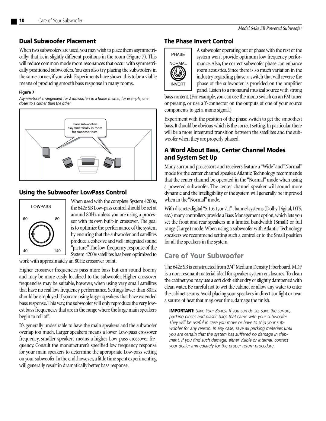 Atlantic Technology 642e SB instruction manual Care of Your Subwoofer, Dual Subwoofer Placement 