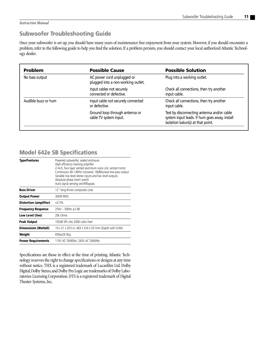 Atlantic Technology instruction manual Subwoofer Troubleshooting Guide, Model 642e SB Specifications 