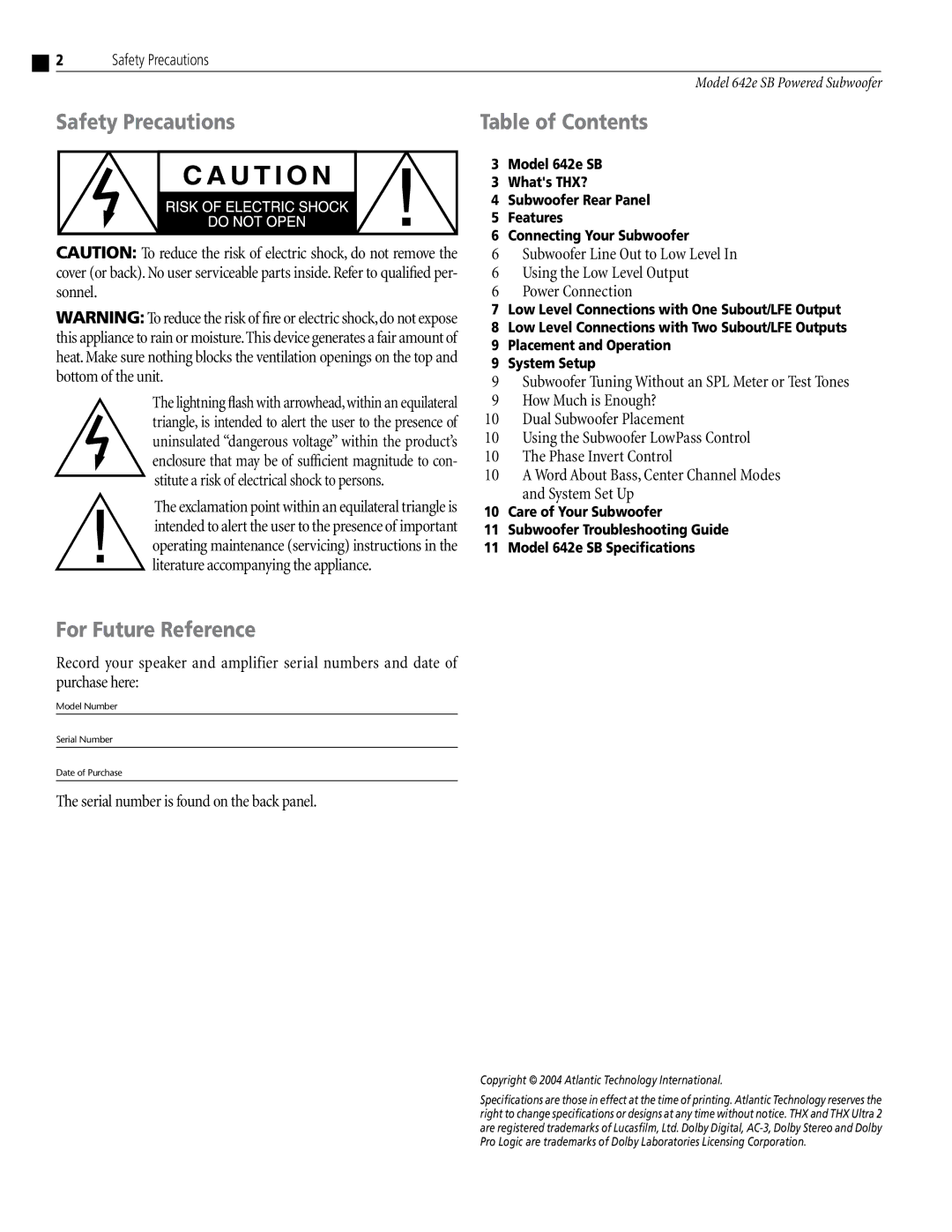 Atlantic Technology 642e SB instruction manual Safety Precautions Table of Contents, For Future Reference 