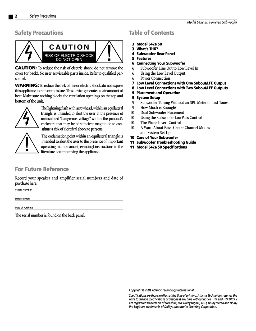Atlantic Technology 642e SB instruction manual Safety Precautions, Table of Contents, For Future Reference 