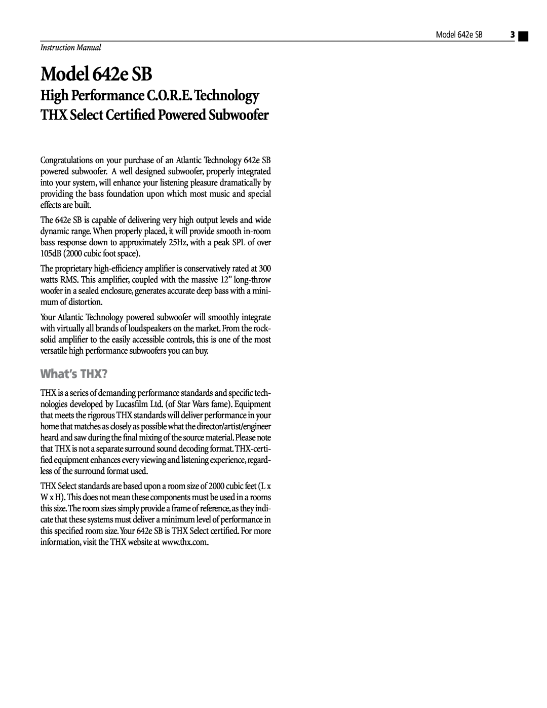 Atlantic Technology instruction manual What’s THX?, Model 642e SB, High Performance C.O.R.E.Technology 