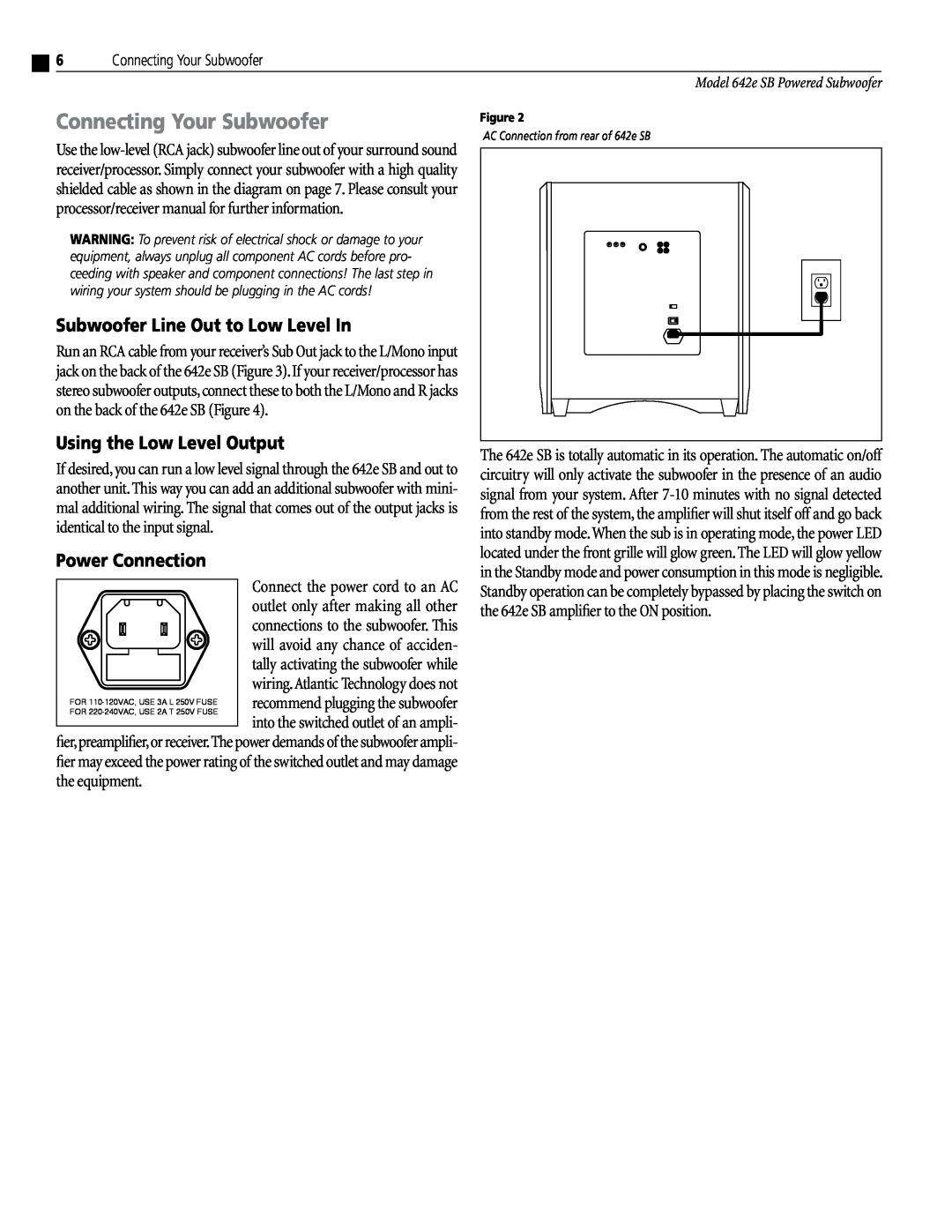 Atlantic Technology instruction manual Model 642e SB Powered Subwoofer, AC Connection from rear of 642e SB 
