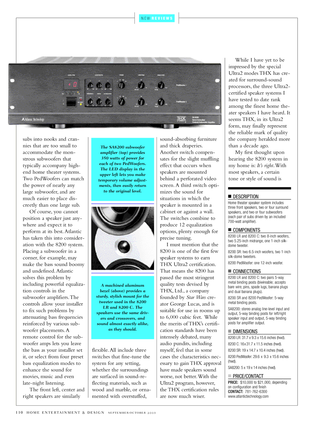 Atlantic Technology 8200 System manual Description, Components, Connections, Dimensions, Price/Contact 