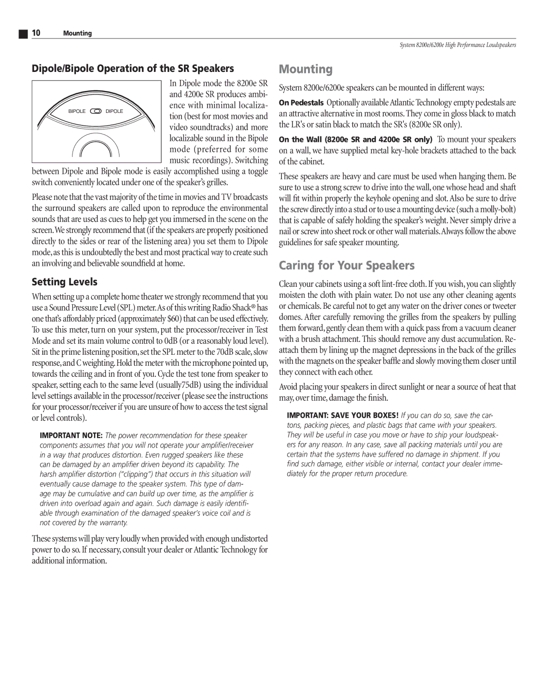 Atlantic Technology 8200E Mounting, Caring for Your Speakers, Dipole/Bipole Operation of the SR Speakers, Setting Levels 
