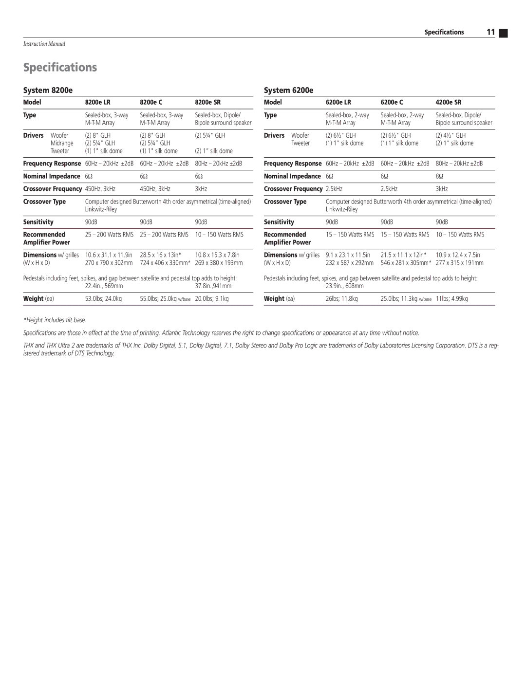 Atlantic Technology 8200E instruction manual Specifications, System 8200e 