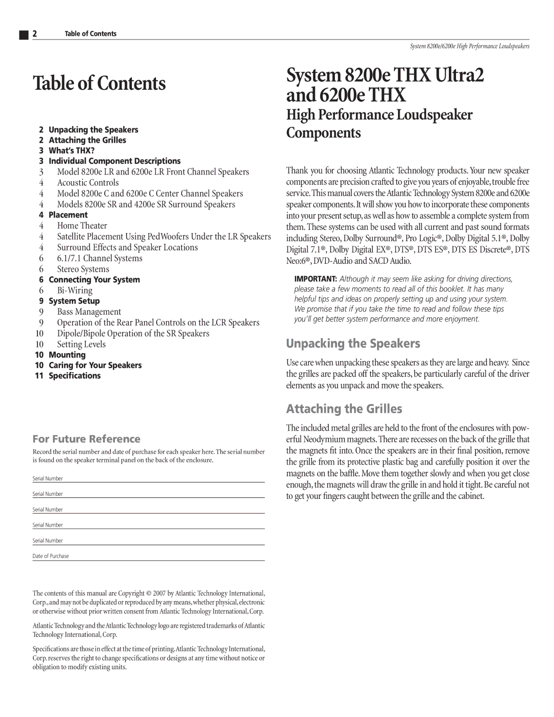 Atlantic Technology 8200E instruction manual Table of Contents 