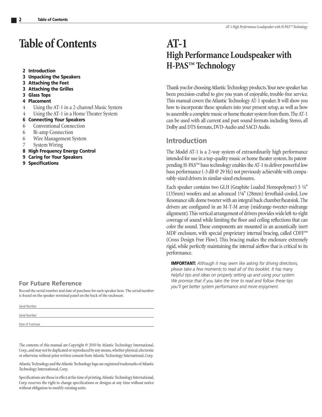 Atlantic Technology AT-1 instruction manual Table of Contents 