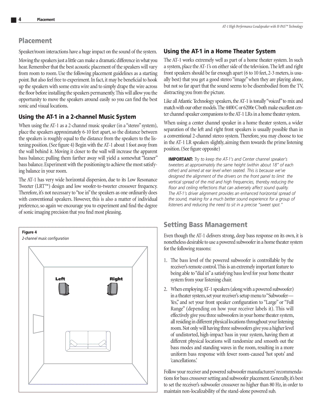 Atlantic Technology AT-1 instruction manual Placement, Setting Bass Management 