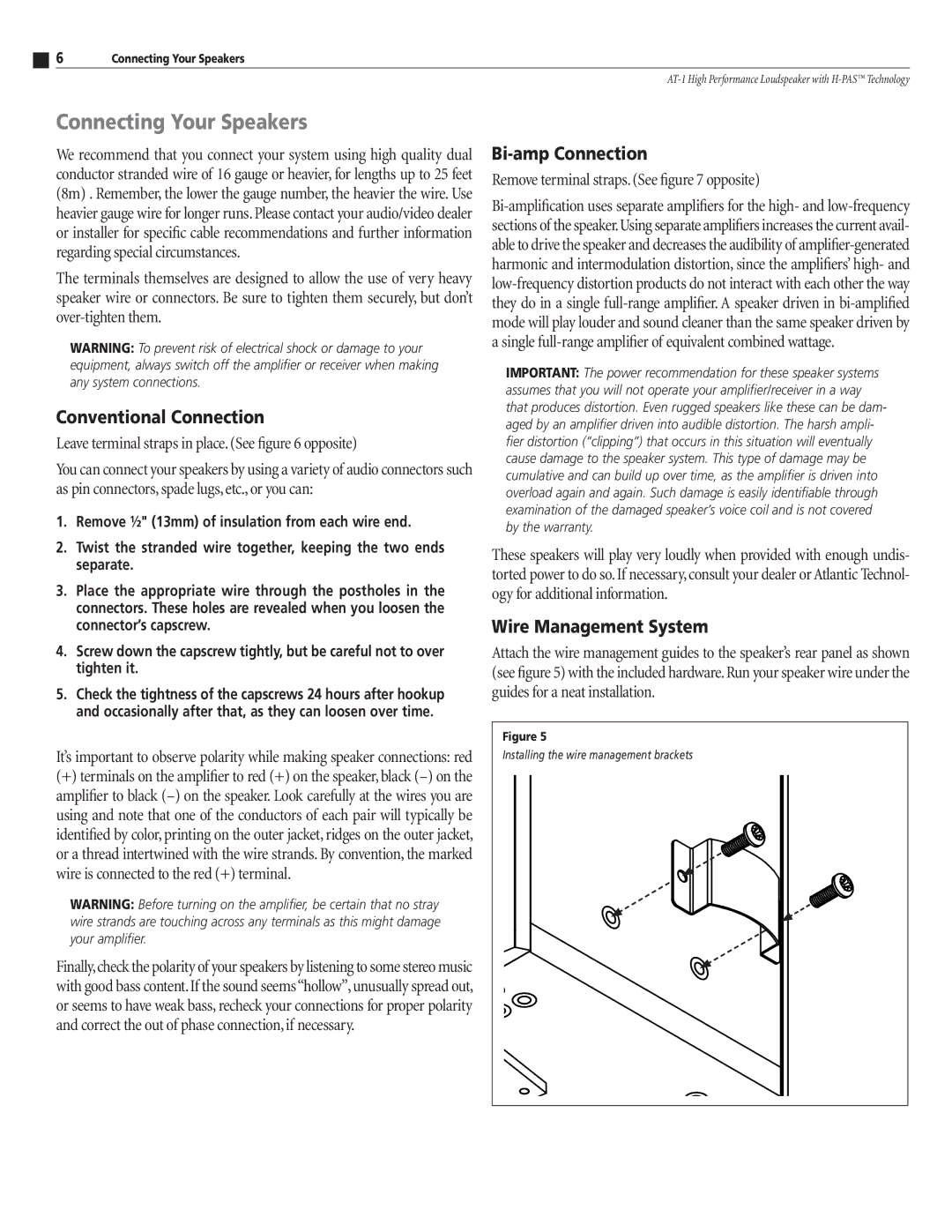 Atlantic Technology AT-1 instruction manual Connecting Your Speakers, Conventional Connection 