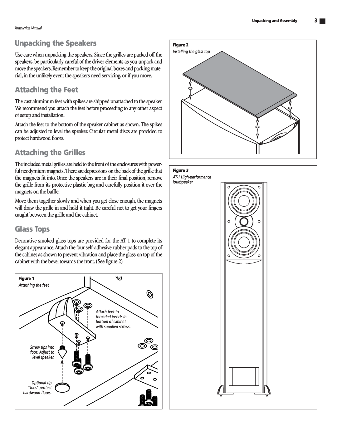 Atlantic Technology AT-1 instruction manual Unpacking the Speakers, Attaching the Feet, Attaching the Grilles, Glass Tops 