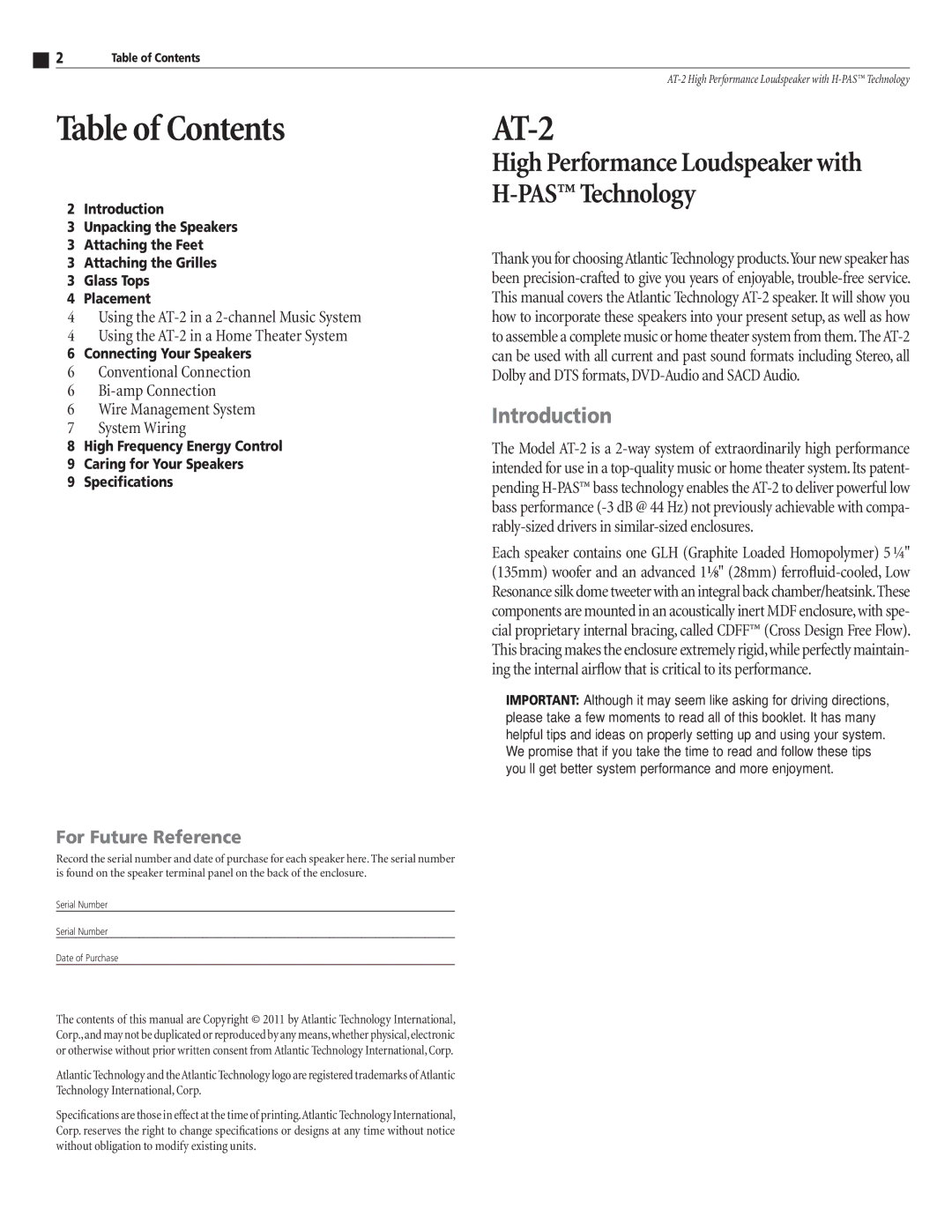 Atlantic Technology AT-2 instruction manual Table of Contents 